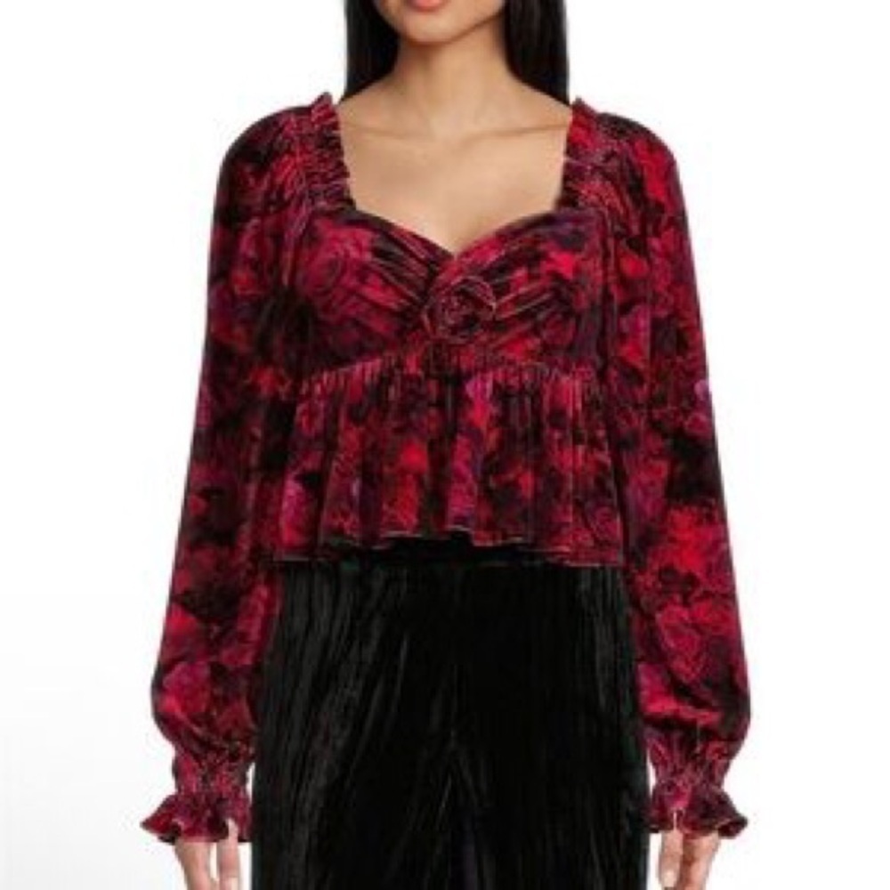 Chelsea & Violet Floral Velvet Peplum Blouse - Red & Purple
